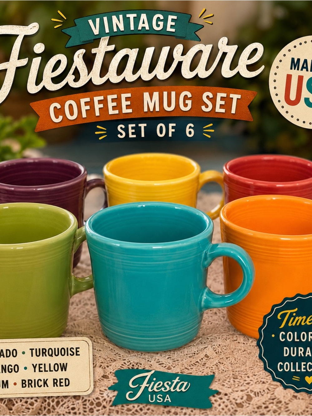 Vintage Homer Laughlin Fiesta Ware Coffee Mug Set of 6 Rainbow Colors USA